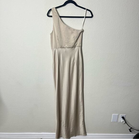 BHLDN Anthropologie Dylan One-Shoulder Satin Side Slit Gown Champagne Womens 8 - Picture 9 of 11